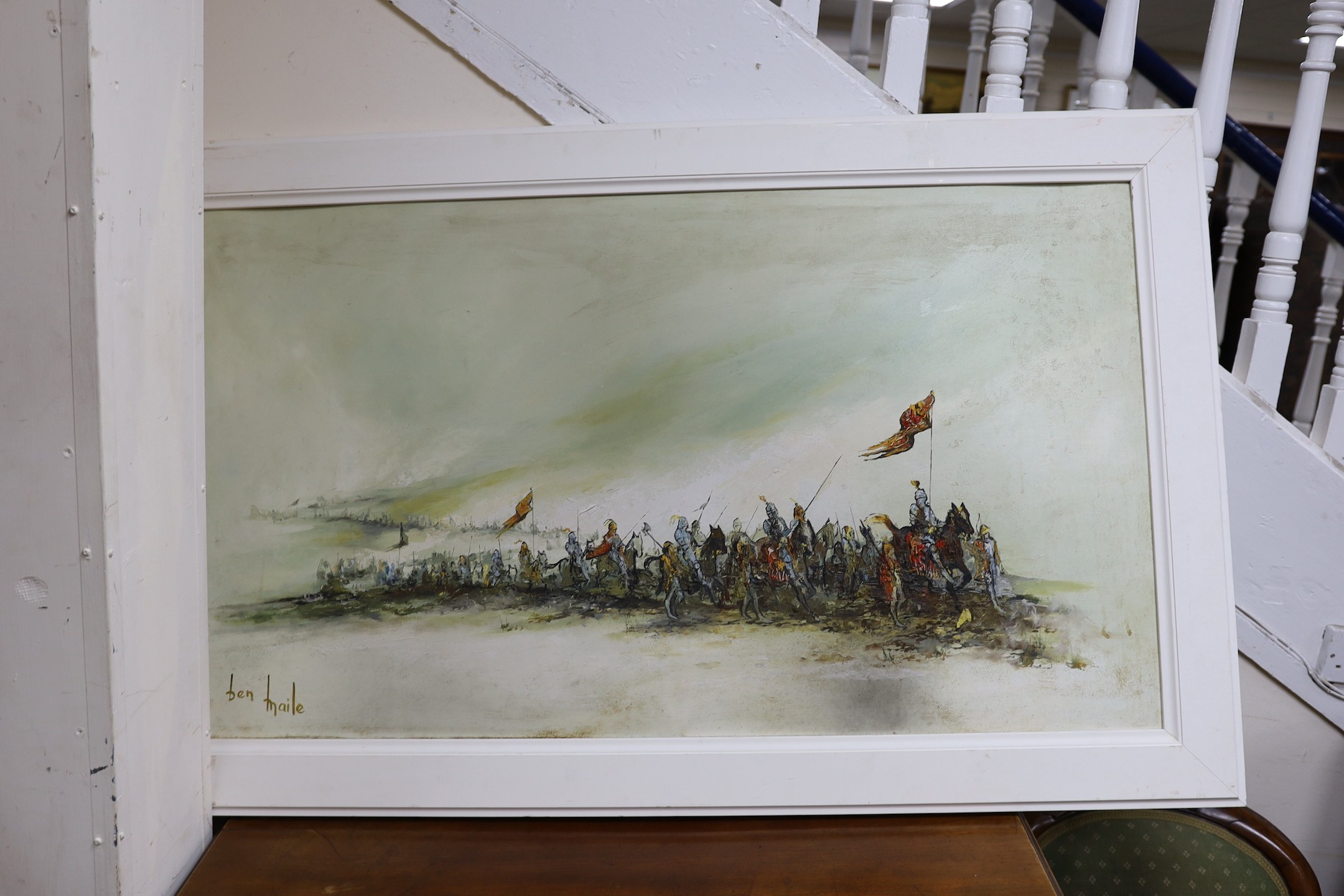Ben Maile (1922-2017), oil on board, Procession of knights, signed, 66 x 120 cm.